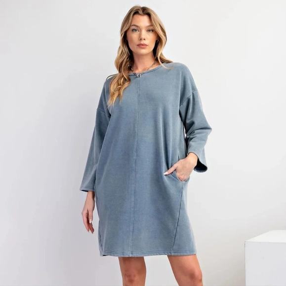 New Easel Blue Mineral Washed Terry Knit Dress L - Picture 2 of 6